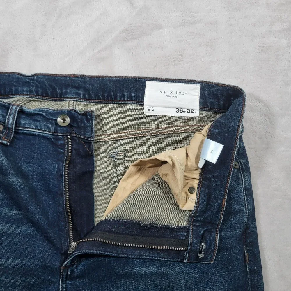 Rag & Bone Fit 2 Slim Mens Jeans 36x32 Cole Wash Dark Blue Stretch Denim Pants